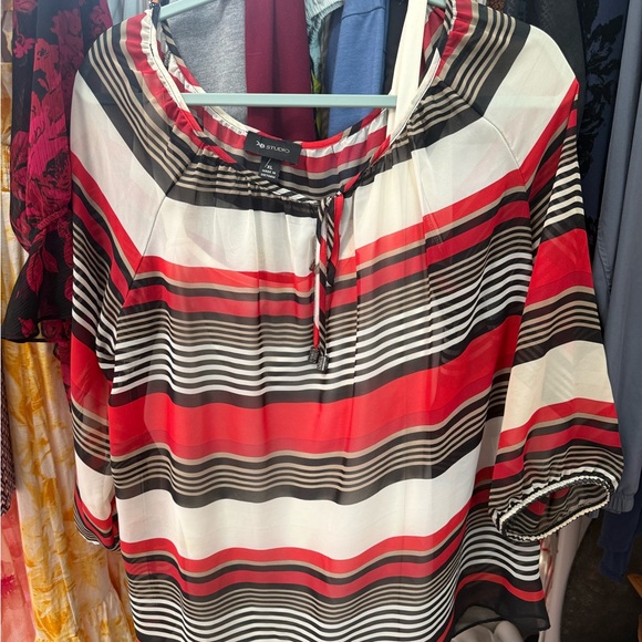 AB Studio Red and White Tie Front Blouse with 3/4 Sleeves - Picture 1 of 5